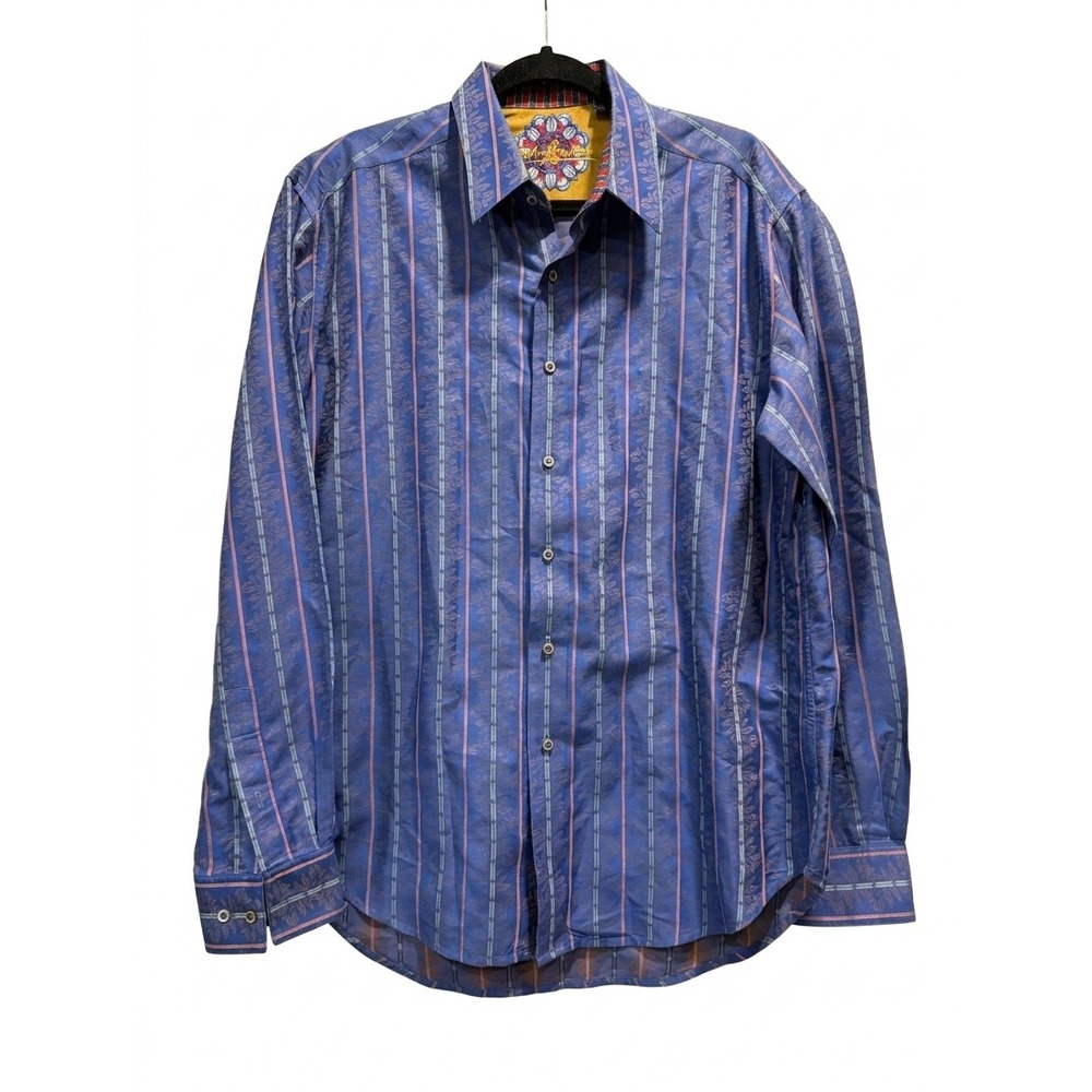 Robert Graham Mens Blue Stripe Damask Button Down Shirt Large Classic Fit L/G